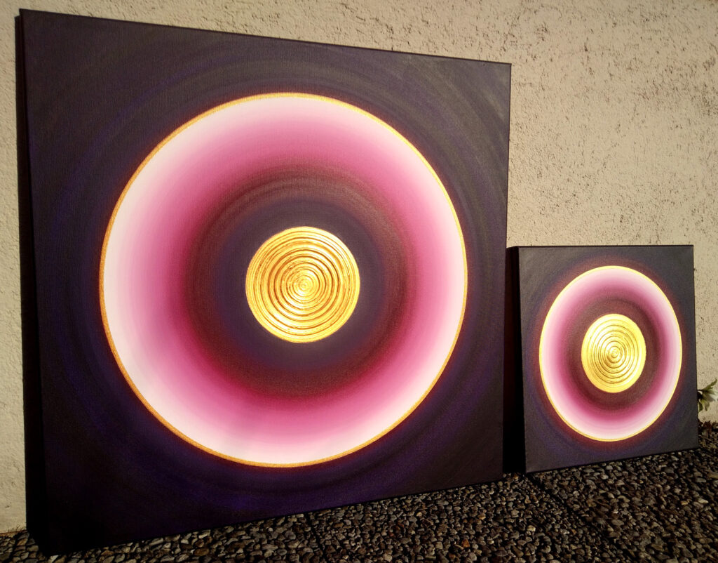 Heil-Kraft-Bilder Dunkelviolett-Aubergine / Purpur, 70 x 70cm und 40 x 40cm, Acryl auf Leinwand