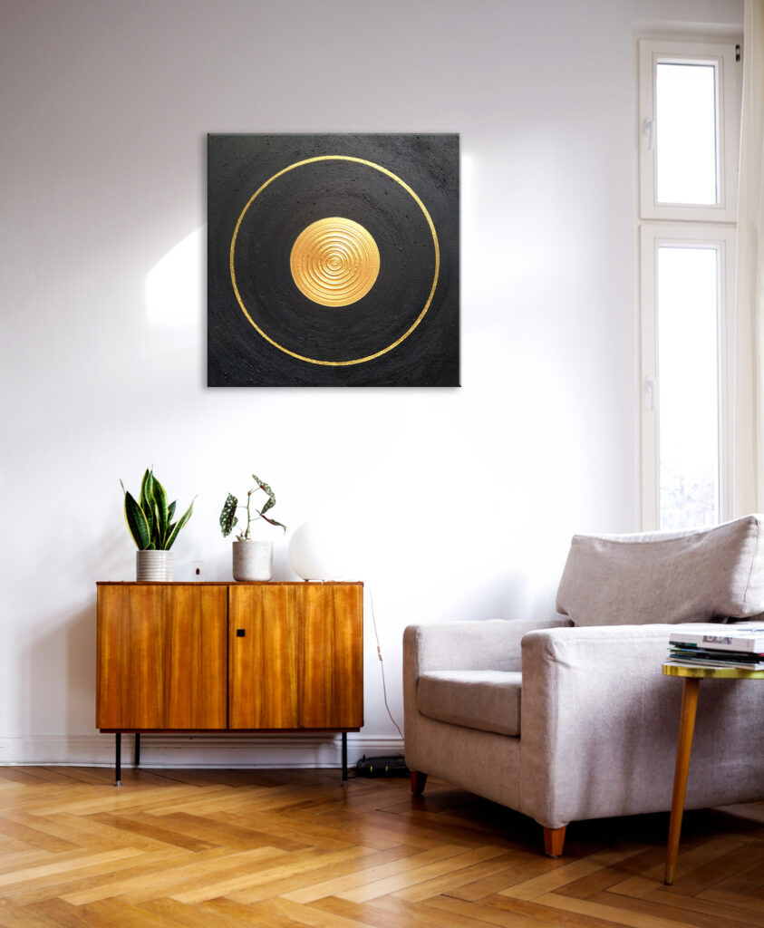 Heil-Kraft-Bild Schwarz-Gold, Acryl und Sand auf Leinwand