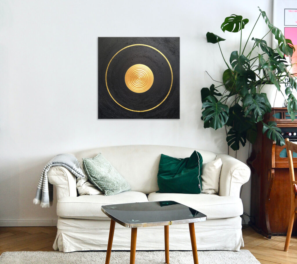 Heil-Kraft-Bild Schwarz-Gold, Acryl und Sand auf Leinwand